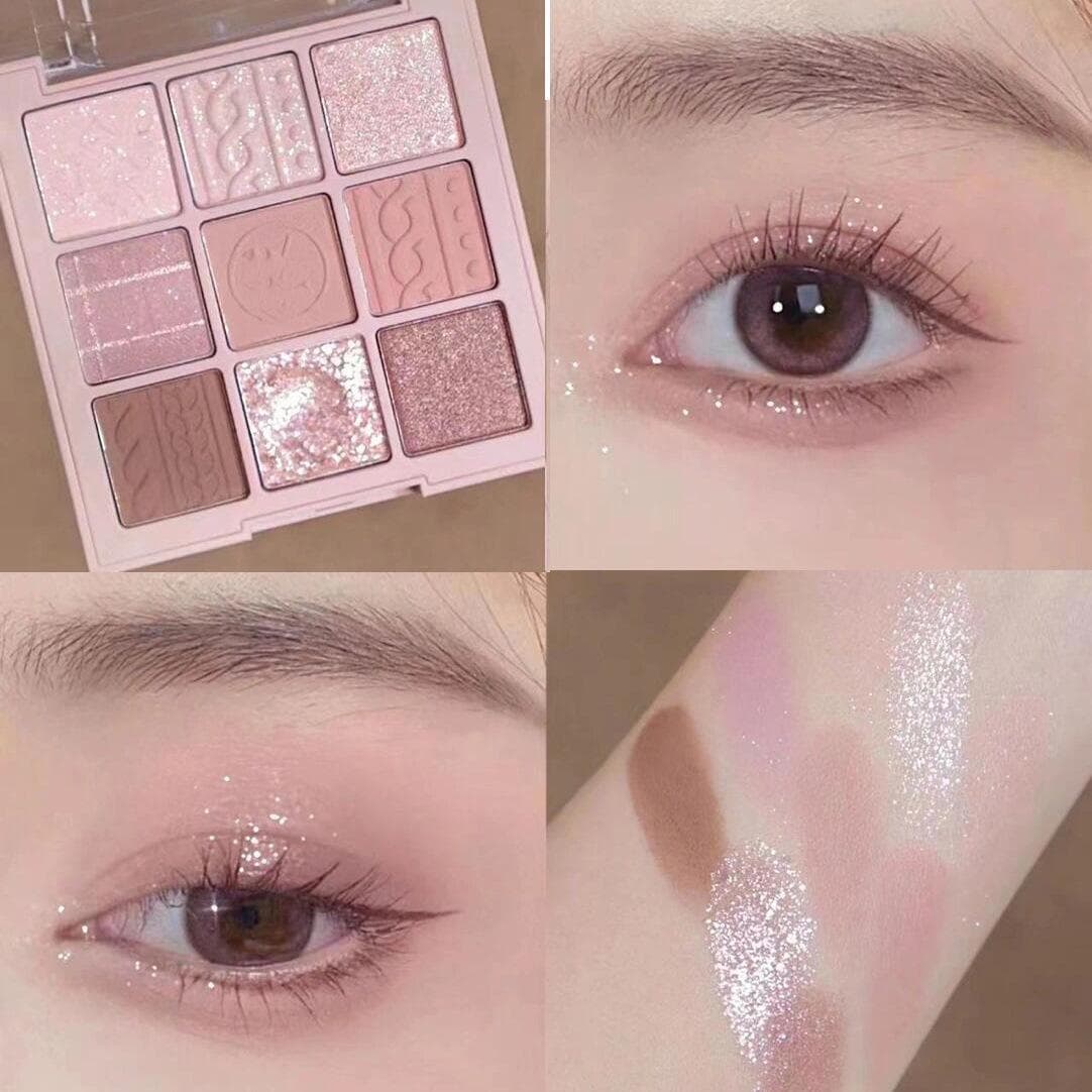 Nine-Color Waterproof Matte & Glitter Eyeshadow Palette - Long-lasting, Sweat-proof, and Brightening.