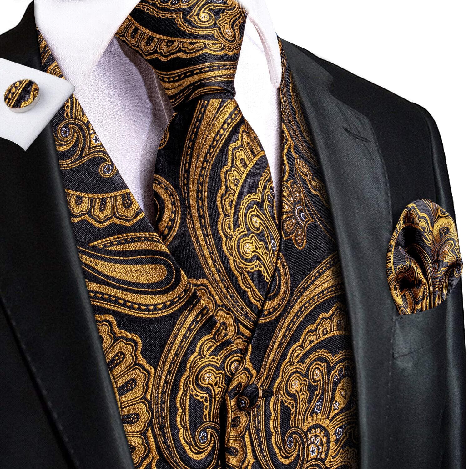 Hi-Tie Mens Waistcoat Silk Paisley Floral Tie Handkerchief Cufflinks SET Formal S