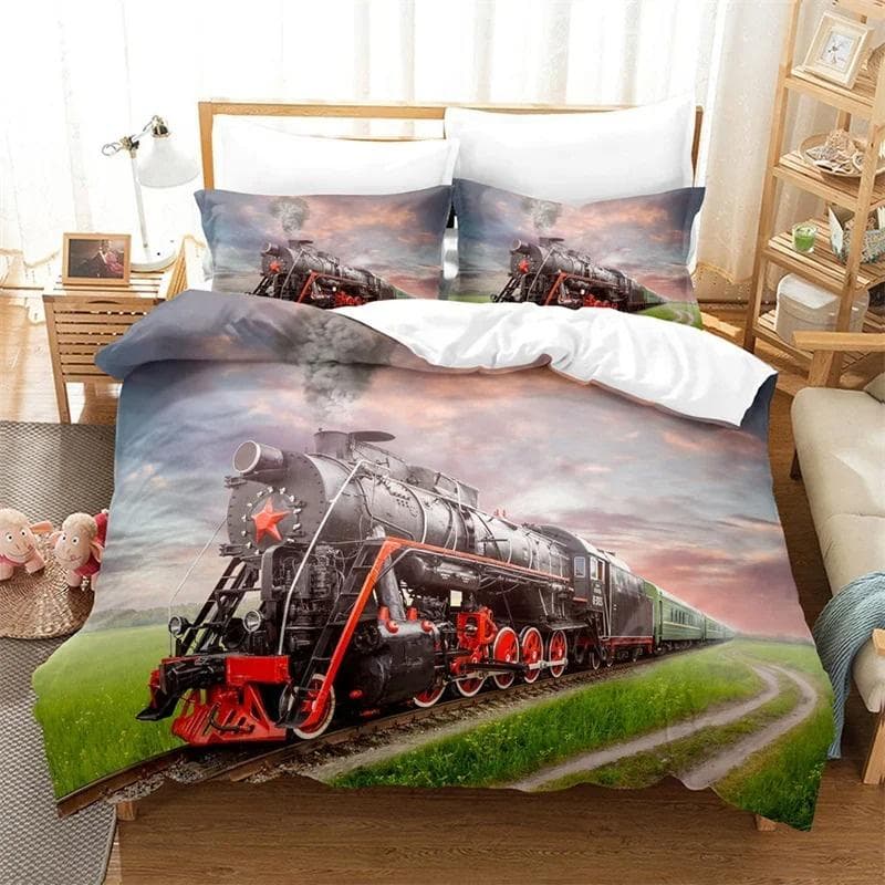 3D Train Steam Engine Bedding Set,Duvet Cover Comforter Bed Set Quilt Cover Pillowcase,King Queen Twin Size Boys Girls Adults 150x200cm 3pcs