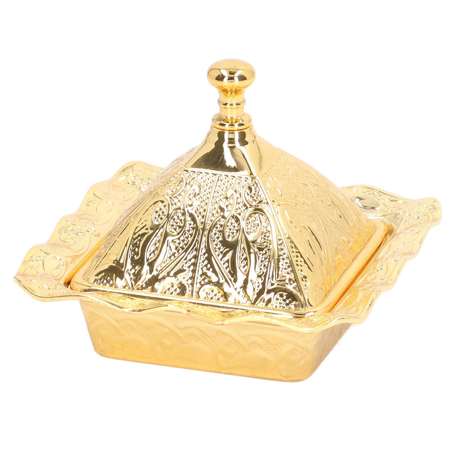Gold Serving Bowl Vintage Mini Quadrate Shape Gold Zinc Alloy Party Turkish Bowl with Dustproof Lid