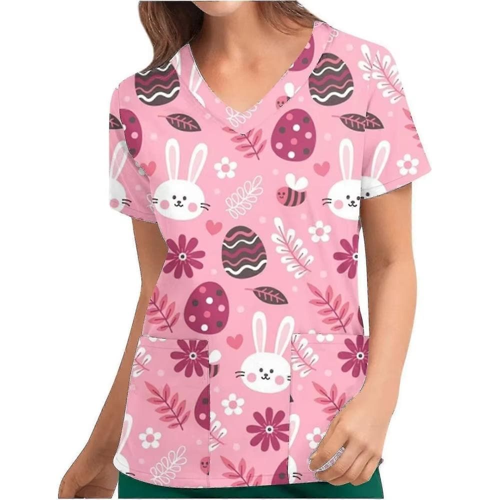 V-Neck Pocket Women Nurse Uniform Cartoon Rabbit 3d Print Medical Nursing Scrubs Female Working Tops Uniforme Hospital New 2025 M