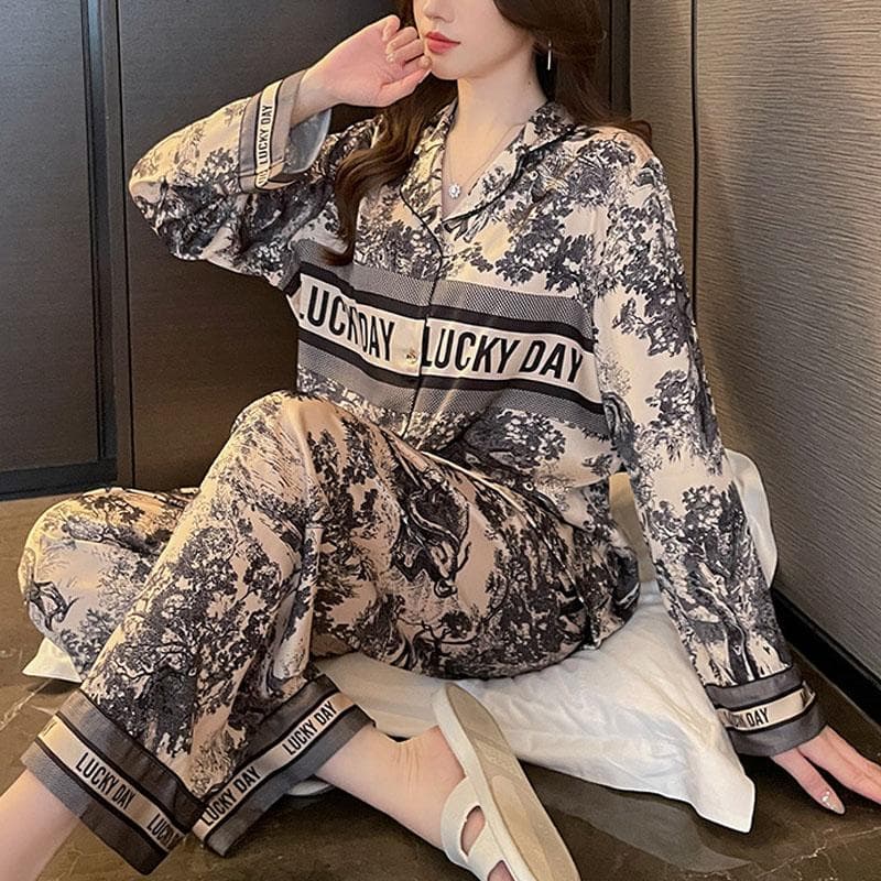 Ice Silk Pajamas Women Ink Painting Long Sleeve Home Clothes Sexy Pajamas Girls Pajamas M black