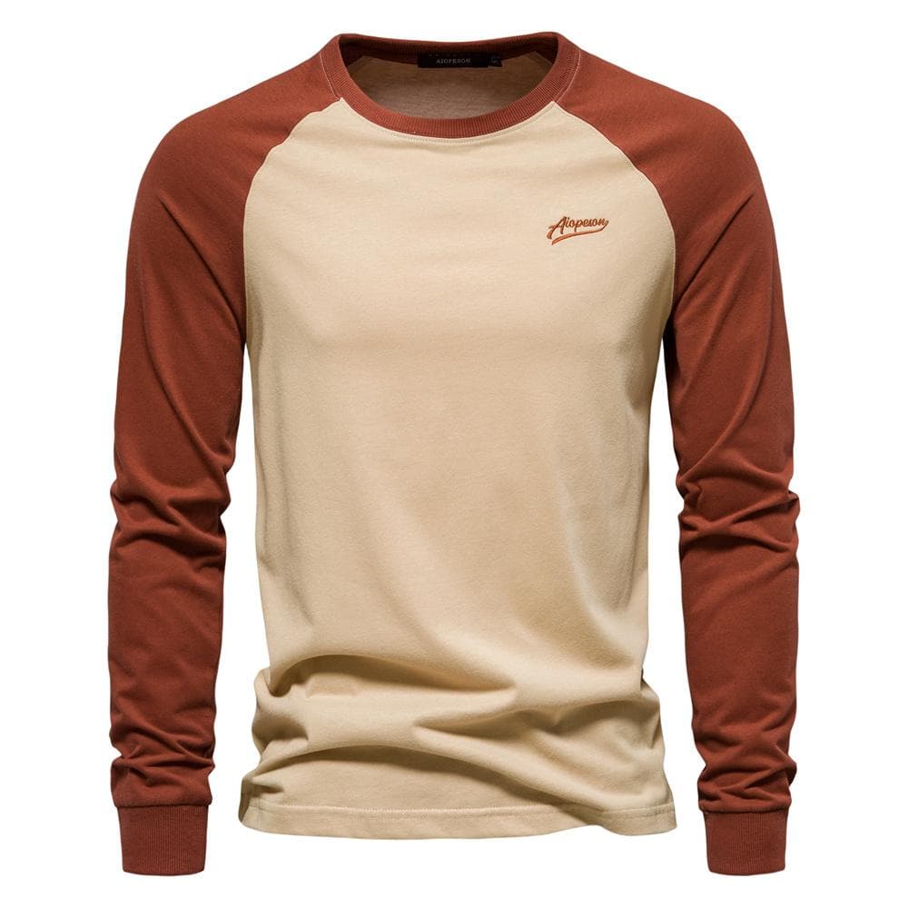 AIOPESON Men's T-shirts 100% Cotton Long Sleeve O-neck Pactwork Casual T shirts for Men New Spring Designer Tees Men Clothing XXL 100-105 kg khaki