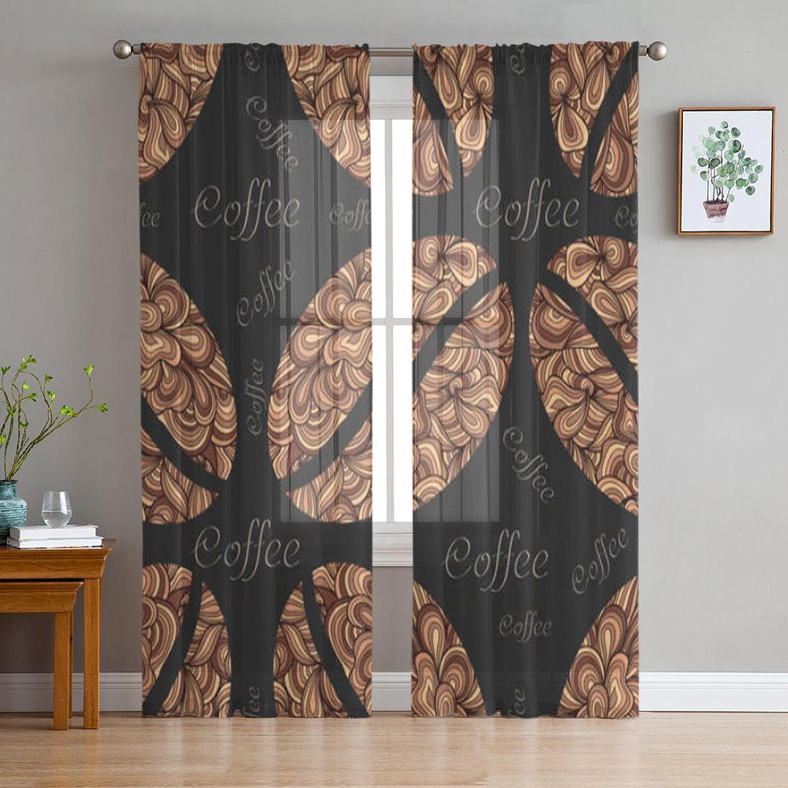 Coffee Beans Sheer Curtains for Living Room Transparent Tulle Window Treatments Bedroom Kitchen Home Decor Veil Drapes 135W x 114H(cm)