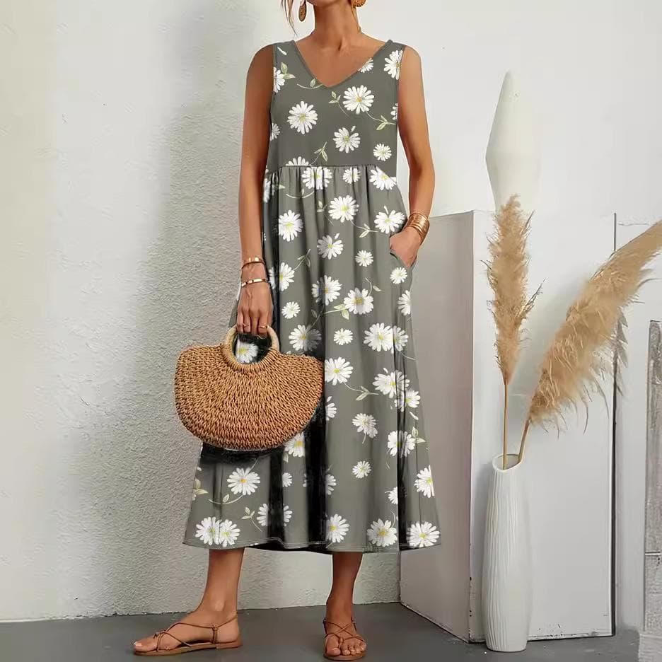 Women's Elegant Solid Color Dress Summer Short Sleeve O-Neck Vintage Harajuku Cotton Comfortable Loose Pocket Long Dress M green
