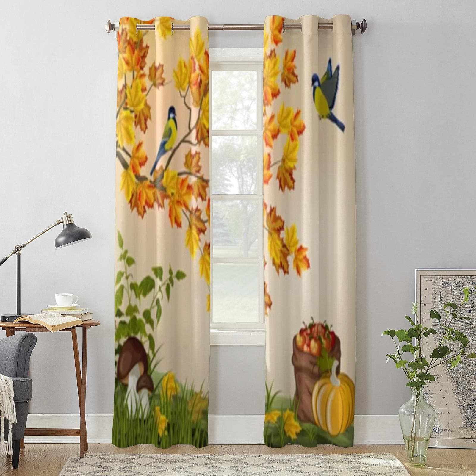 Autumn Leaves Mushrooms Pumpkin Window Curtain For Living Room Bedroom Decoration Curtains Luxury Kitchen Valance Curtains 135W x 60H(cm) x1