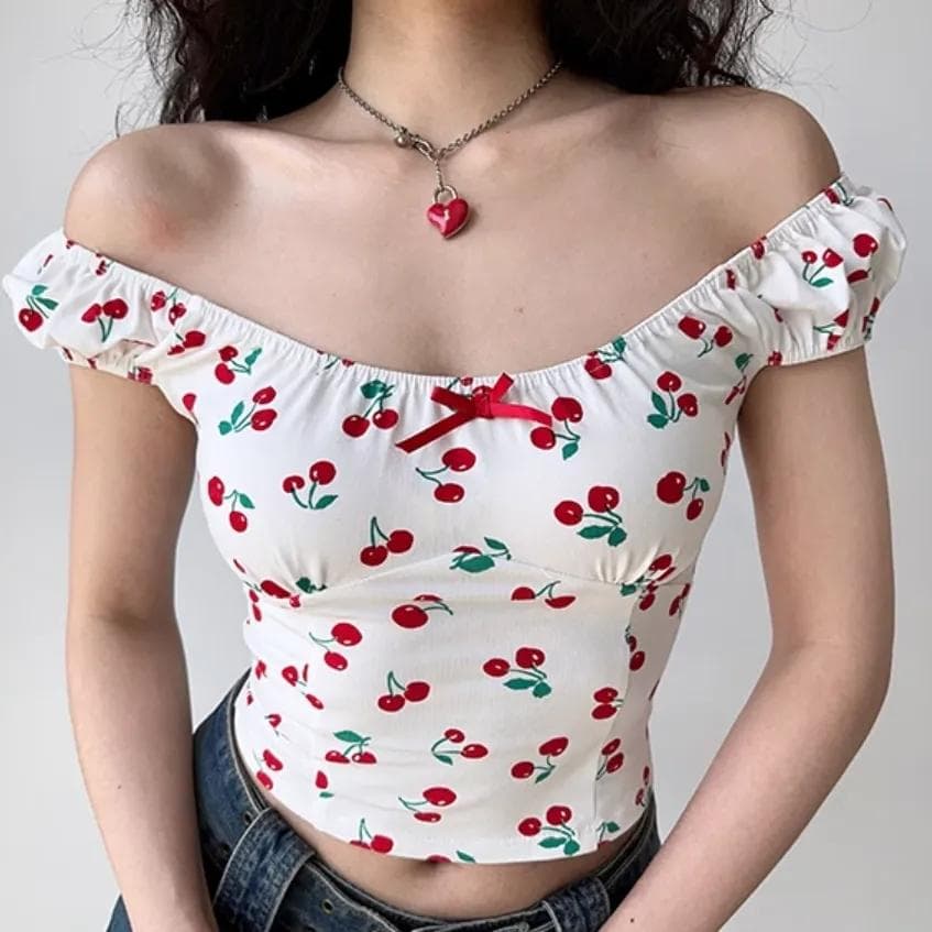 Women's Tops Sexy Bubble Sleeve Floral One Shoulder Tops Large Yards To Cover The Belly Thin Straps Suspenders M