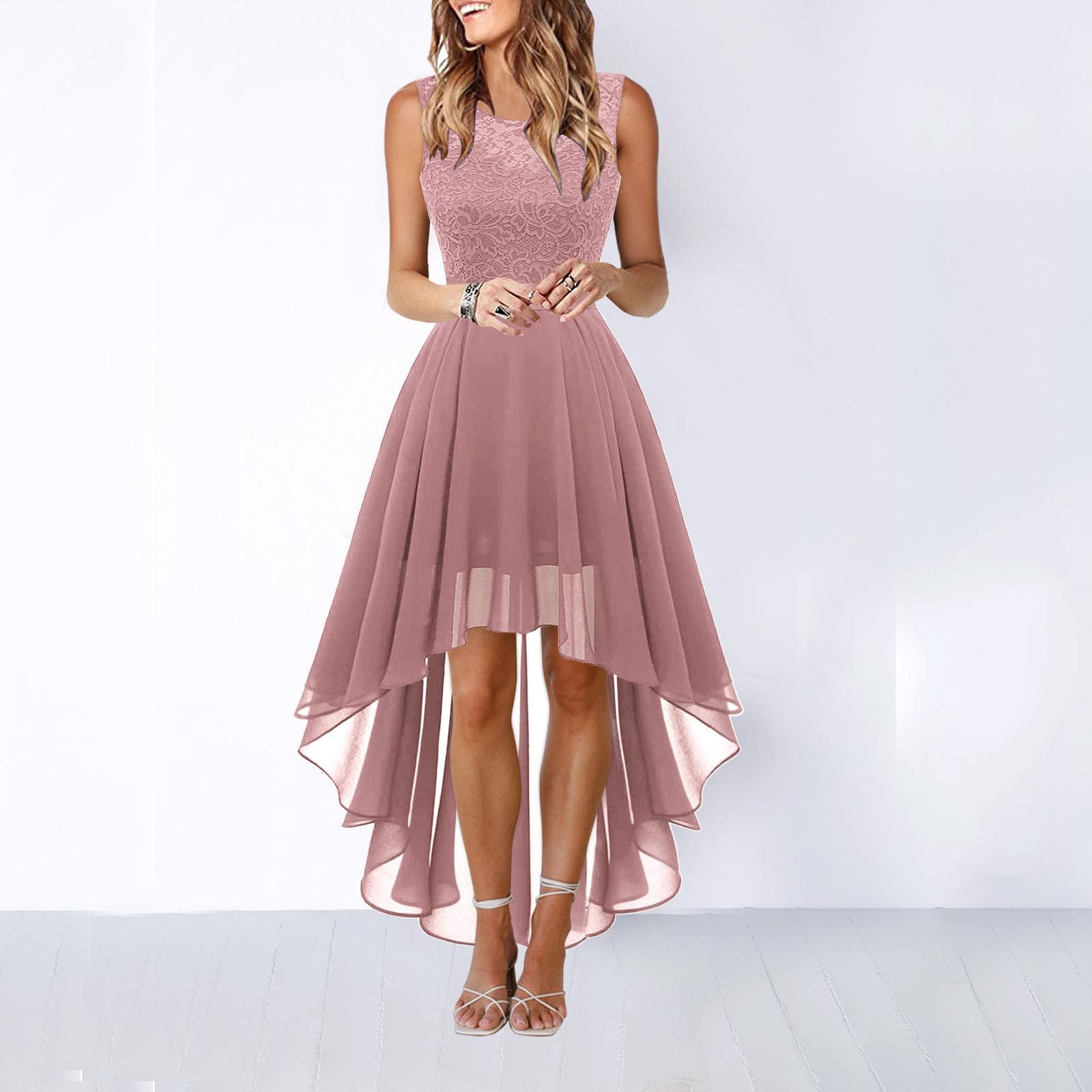 Women Lace Sleeveless Chiffon Round Neck Solid Color Big Swing Irregular Long Dress Wedding Elegant Party Evening Dress L pink