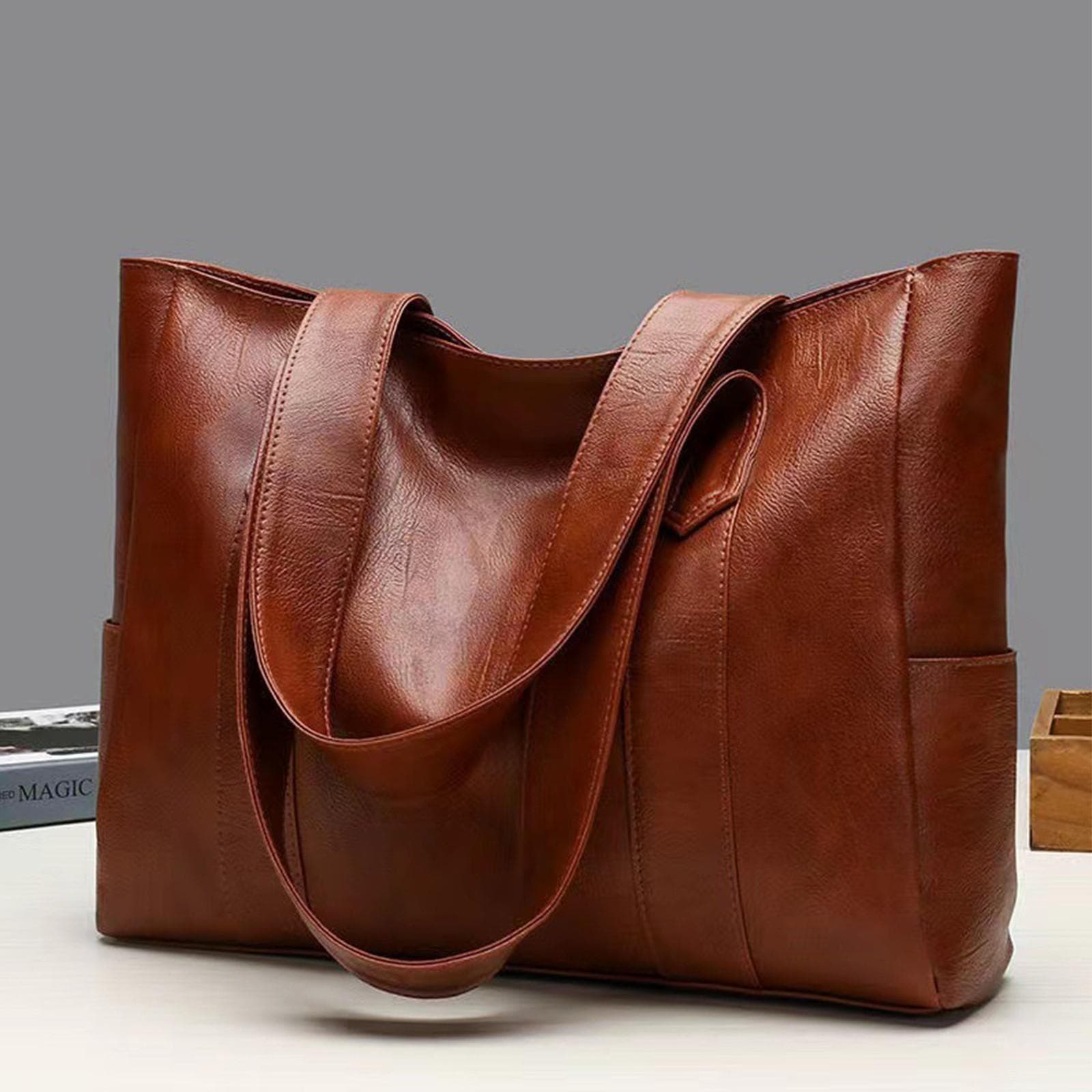 Women's Large Capacity Tote Bag Single Shoulder Handbag Soft Leather Bag One Size brown