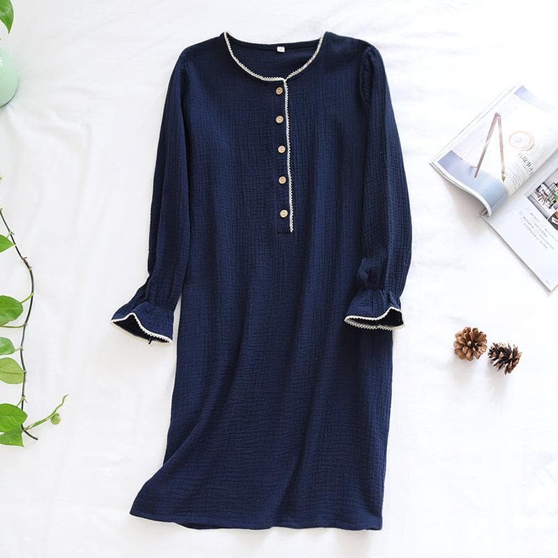 Japanese Spring and Autumn New Ladies Nightdress 100% Cotton Crepe Long Sleeve Skirt Large Size Simple Casual Home Long Skirt XL navy blue