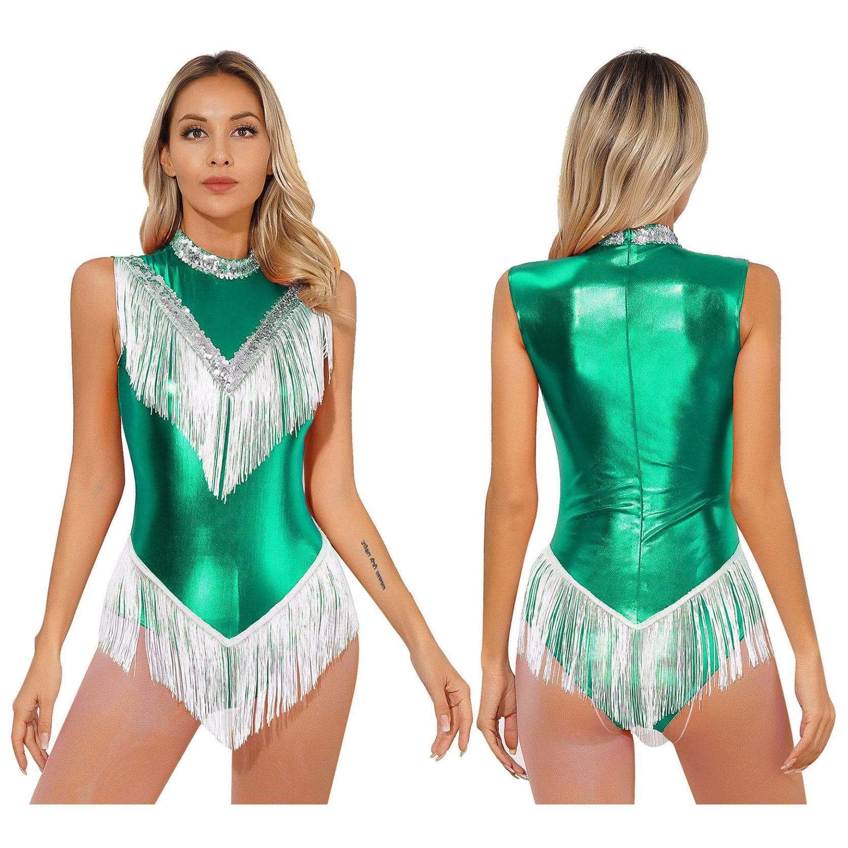 Womens Metallic Sleeveless Fringed Bodysuit Shiny Sequins Mock Neck Tassel Leotard for Latin Dance Performance S green
