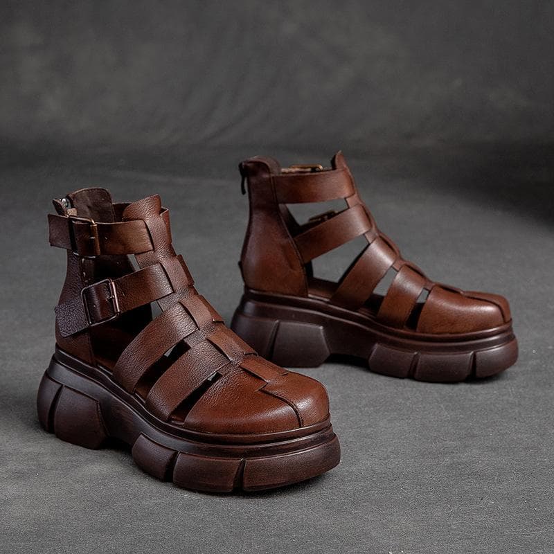 Johnature Genuine Leather Thick Soled Roman Sandals Round Toe Cowhide Versatile Women's Platform Shoes 40 coffee