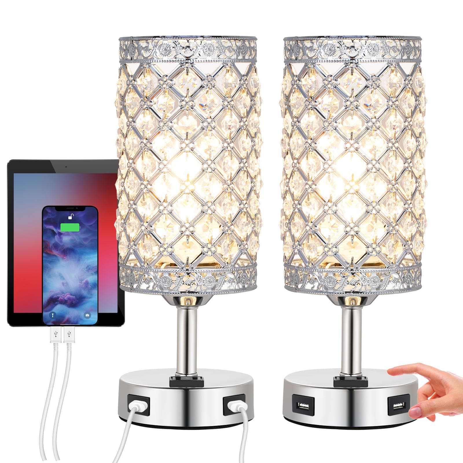 Neoglint 2PCS Crystal Table Light Desk Lamp with 1 A C Socket and Dual USB Ports Sensitive Touching silver