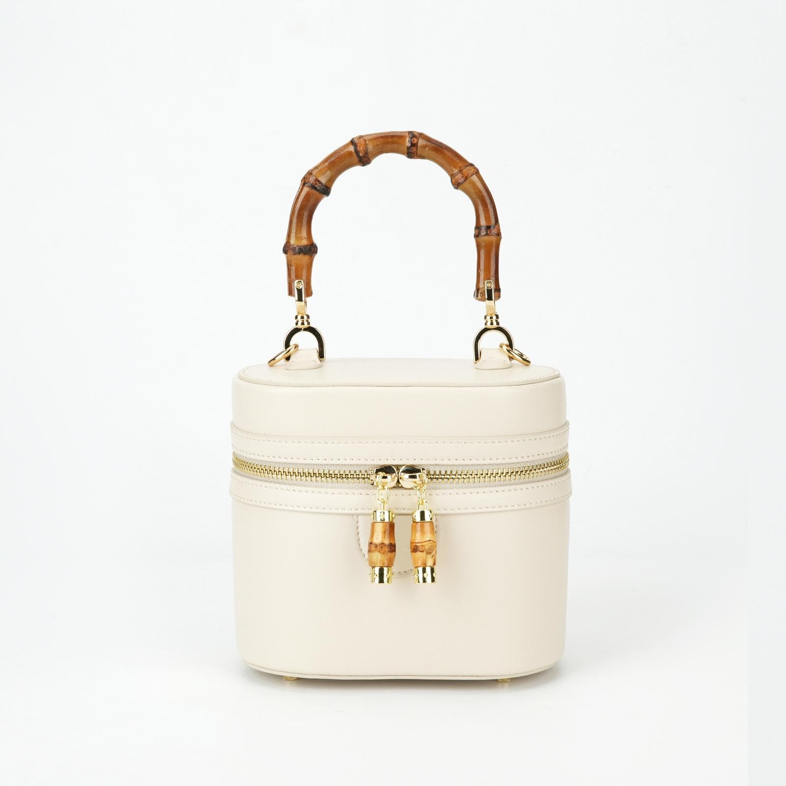 Spring Bamboo Handle Leather Women's Bag, High-end Commuting Single-shoulder Crossbody Bag, Bucket Bag 15.5*9.8*15cm white