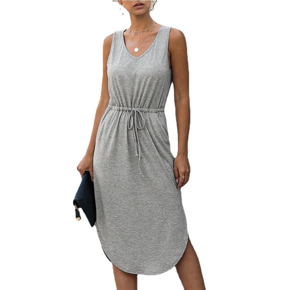 Summer New Fashion Casual Solid Color and V-neck Lace Women's Vest Sleeveless Dress XXXL