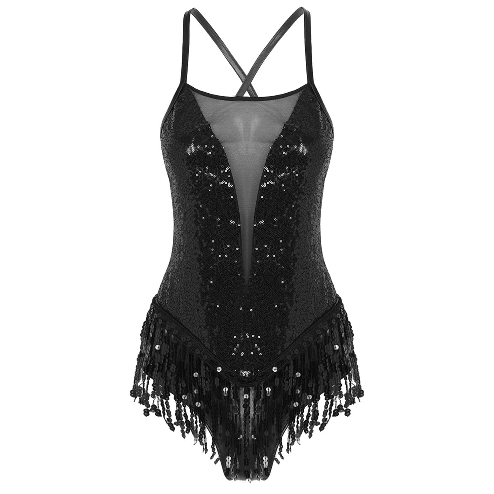 Women Dance Dress Sparkling Sequins Fringed Leotard Latin Salsa Ballroom Dancing Bodysuit XXL black