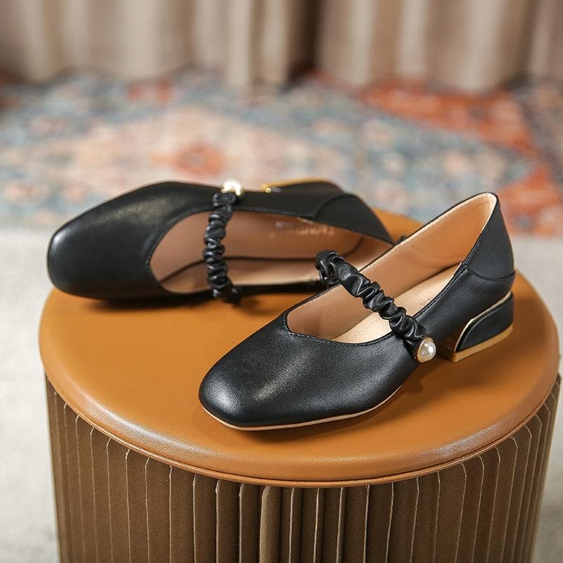 French Style Mary Jane Shoes Women's New Thick Heel Single Shoes Retro One Word with Square Toe Single Shoes Shallow Mouth Loafers Women 33