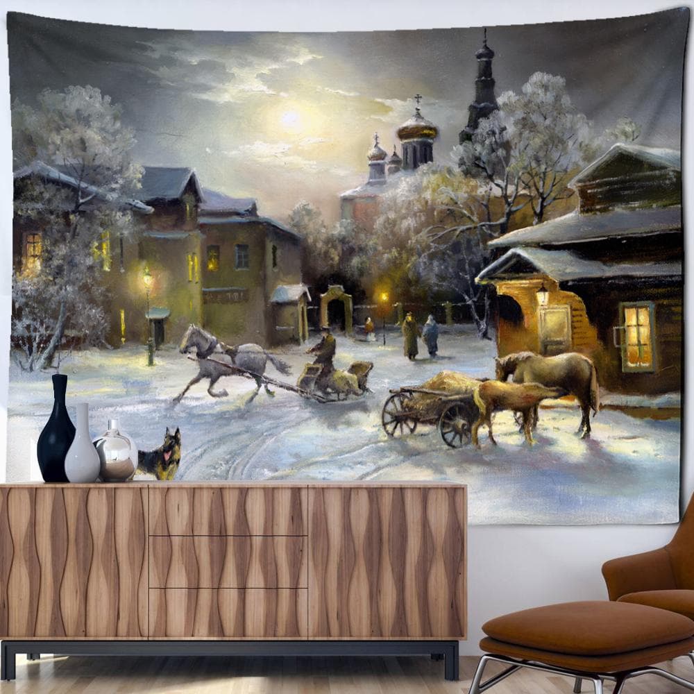 Christmas City Oil Painting Tapestry Wall Hanging Bohemian Hippie Tapez Christmas Festival Art Bedroom Living Room Home Decor 150x150cm