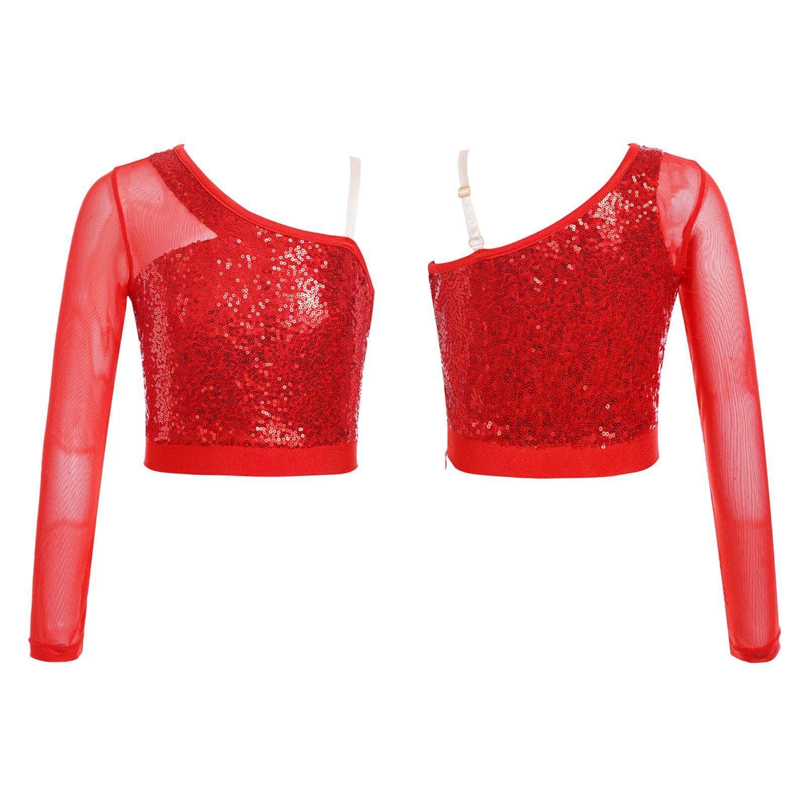 Shiny Sequin Crop Top for Girls Long Sleeve One Shoulder Jazz Hip Hop Ballet Dance Tops Dancewear 13-14 Years red