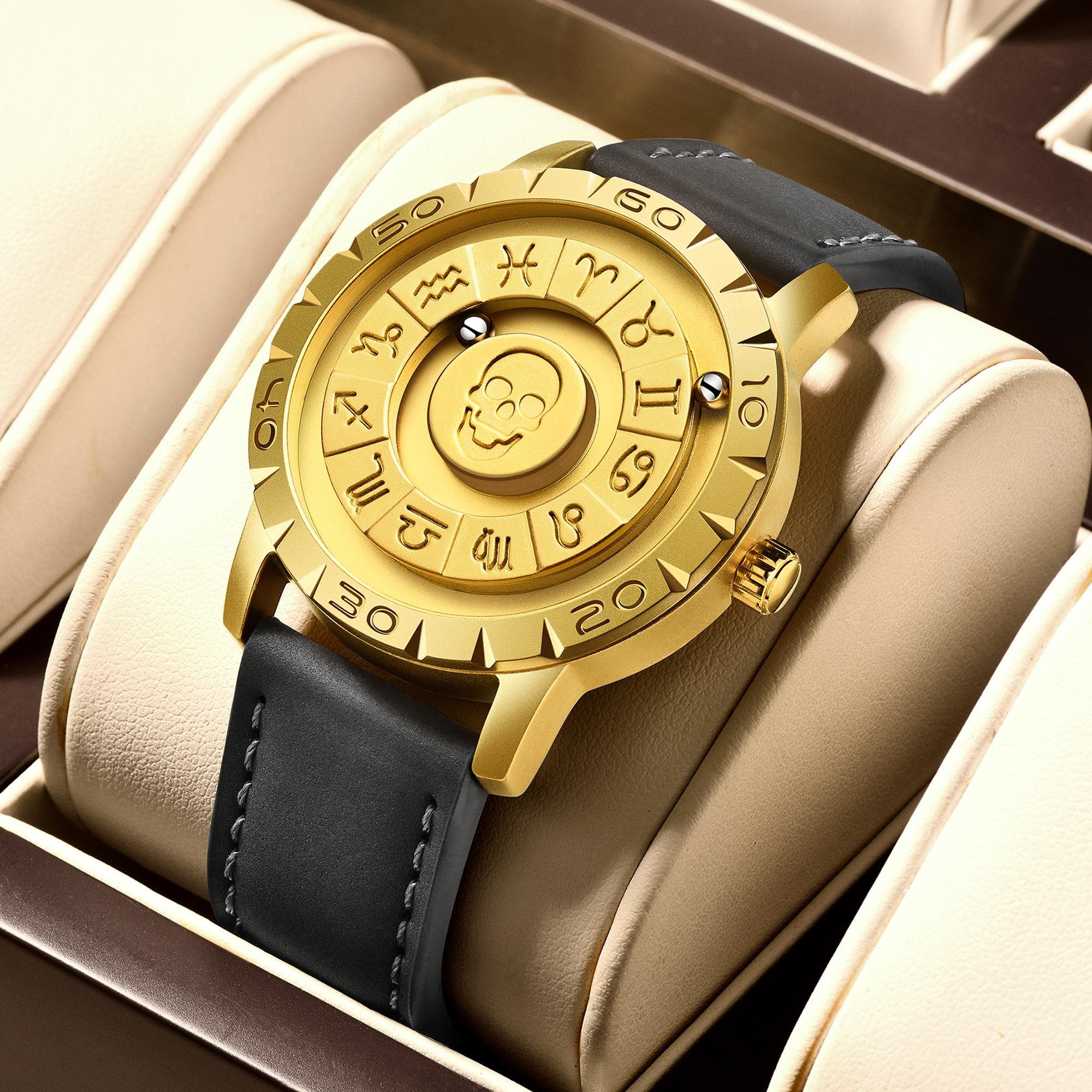 LIGE Brand FOXBOX New Personalized Original Men Quartz Watch Skull dial Magnetic Ball Design Waterproof Quartz Watch Men's Gift Leather strap gold