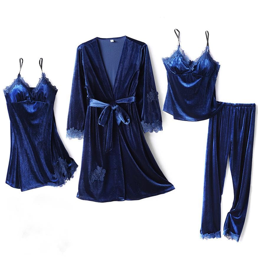 Burgundy Velvet 4PCS Pajamas Set Wedding Robe Nightgown Autumn Winter Female Sleepwear Sexy Lace Trim Pijamas Suit Home Wear XL