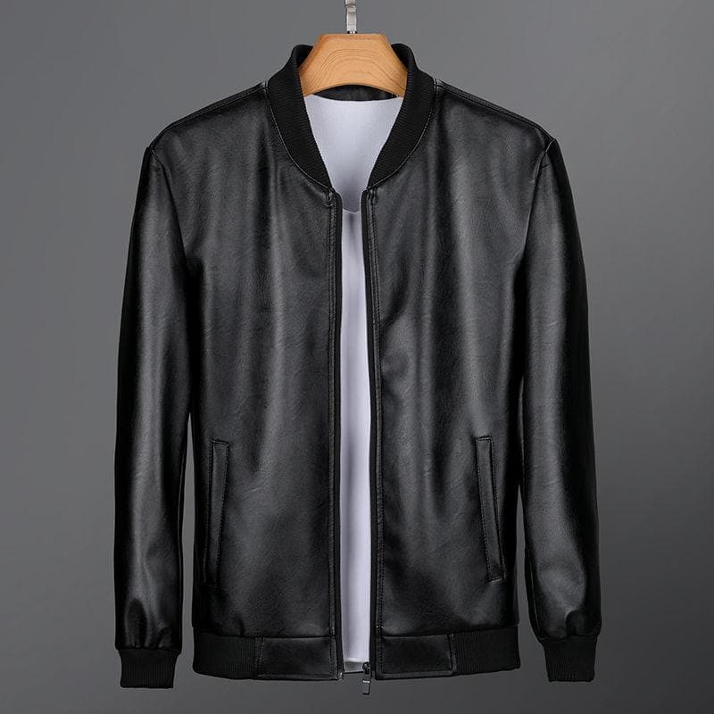 Spring and Autumn Thin Leather Jacket Men's Stand-up Collar Jacket Slim Casual Young and Middle-aged Flight Jacket Motorcycle Clothing 165 black
