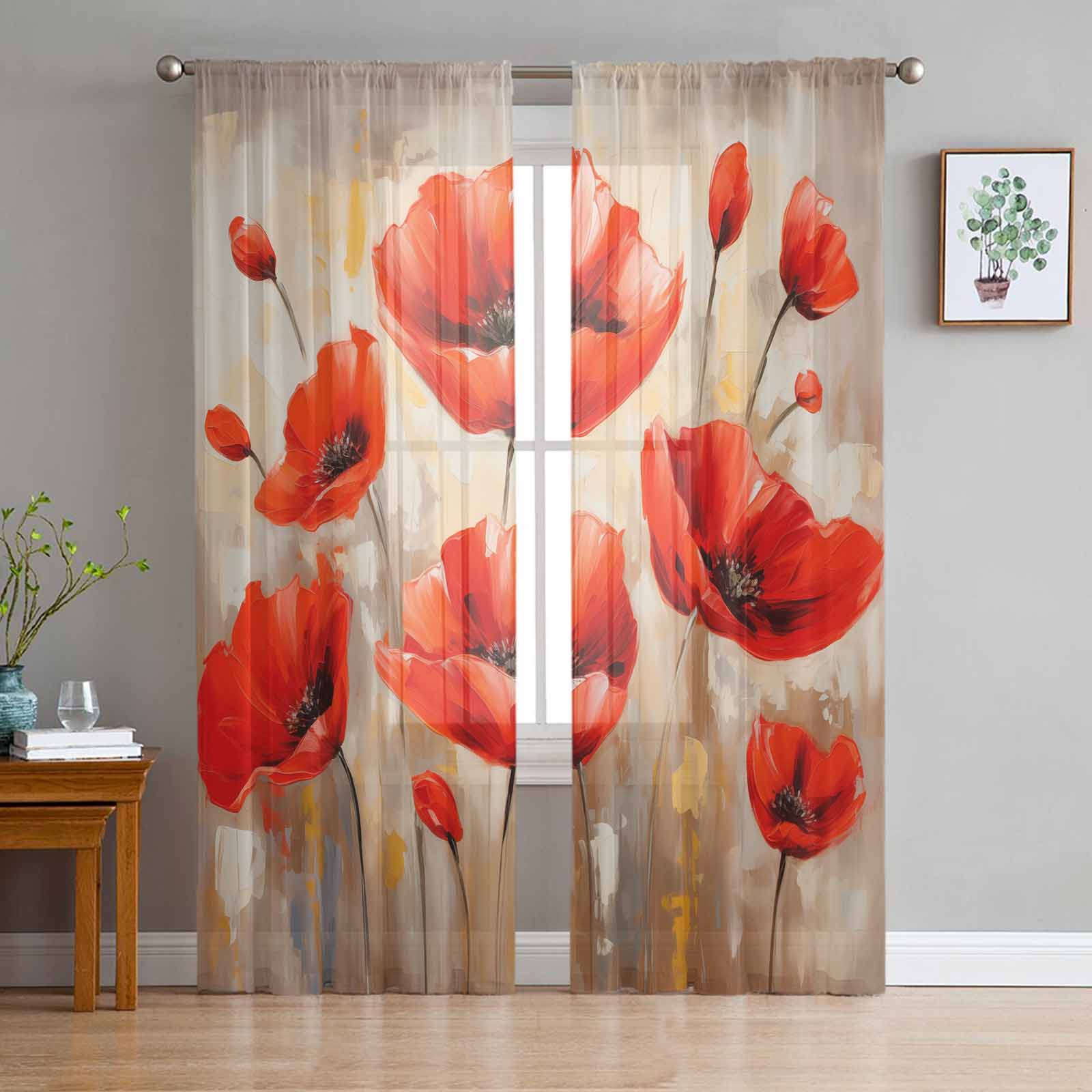 Spring Watercolor Hand-Painted Poppy Plant Tulle Window Curtains for Bedroom Luxury Home Drapes in Living Room Chiffon Panels 135W x 114H(cm)