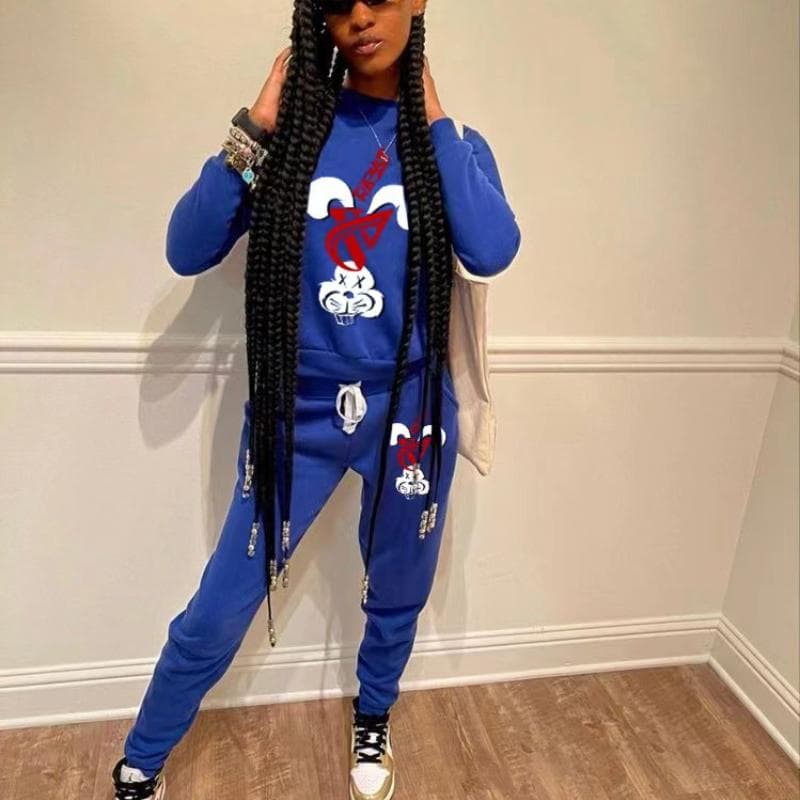 New Ladies Sweater European and American Fleece Sports Suit Bear Print Two-piece Set XL