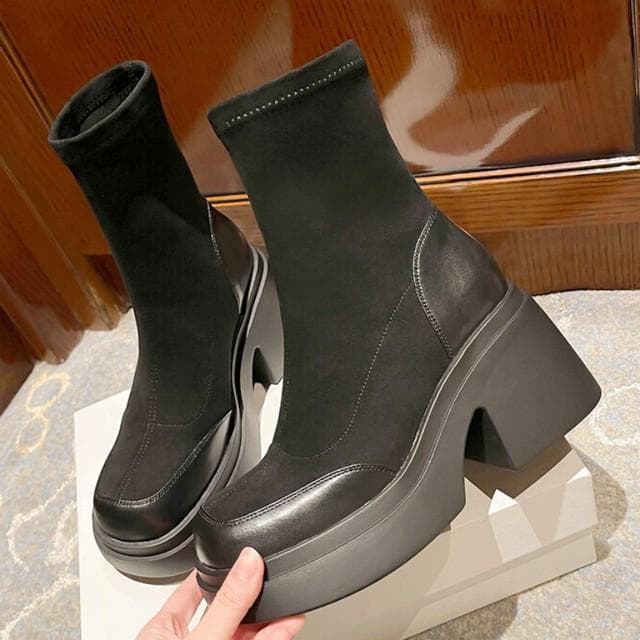 Chunky Chelsea Boots Ankle High Heels Boots Women Winter Shoes 2023 New Brand Platform Pumps Shoes Goth Motorcycle Snow Botas 39 black