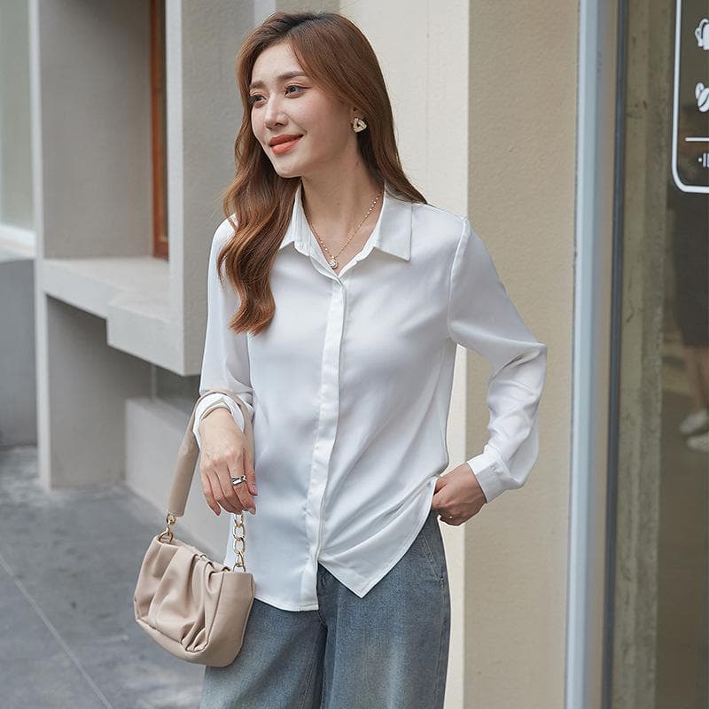 Autumn New Silky Feel Solid Color Shirt Women's Cool White Long-sleeved Base Shirt 2XL white