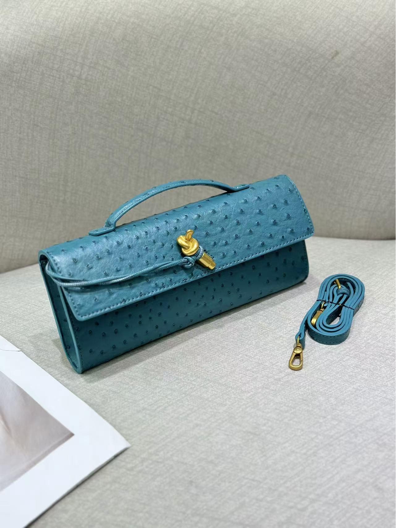 2025 Handmade Ostrich Pattern Baguette Evening Bag - Exquisite Shoulder & Crossbody Handbag Gift Box (Custom Hardware) light blue