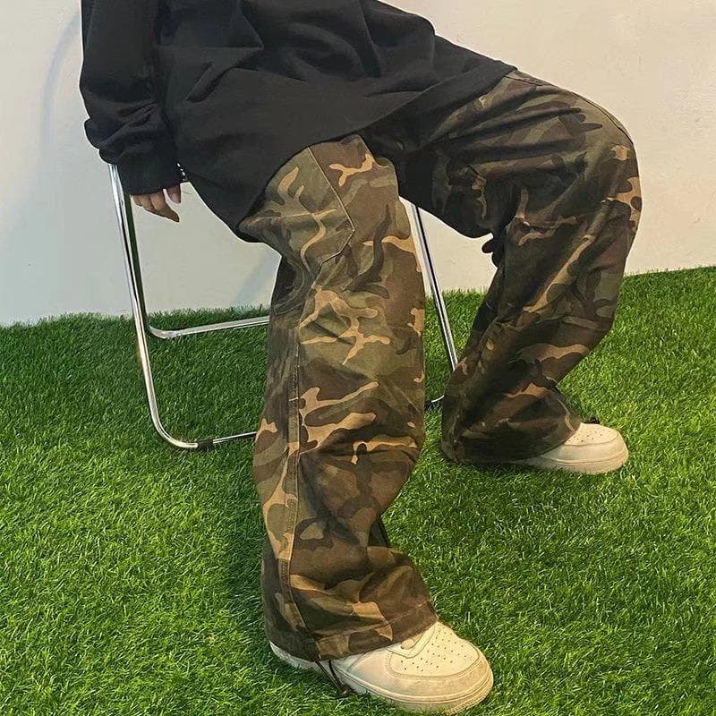 Retro Camouflage Work Pants for Men In Summer New High-waist Loose Straight Versatile Slim Casual Pants S
