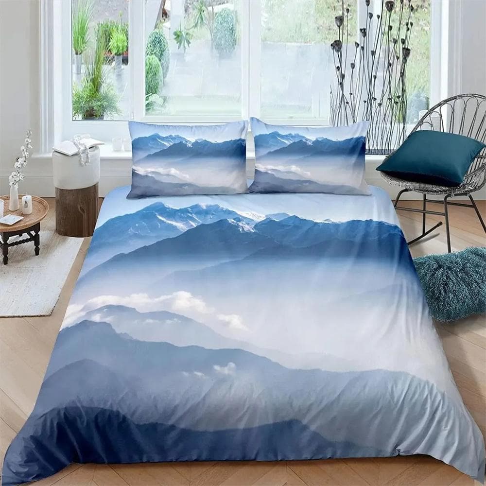 Smoky Mountain Duvet Cover Set Misty Forest Bedding Set Full Queen Size Grey Trees Natural Scenery Art Comforter Cover 135X200cm-2pcs