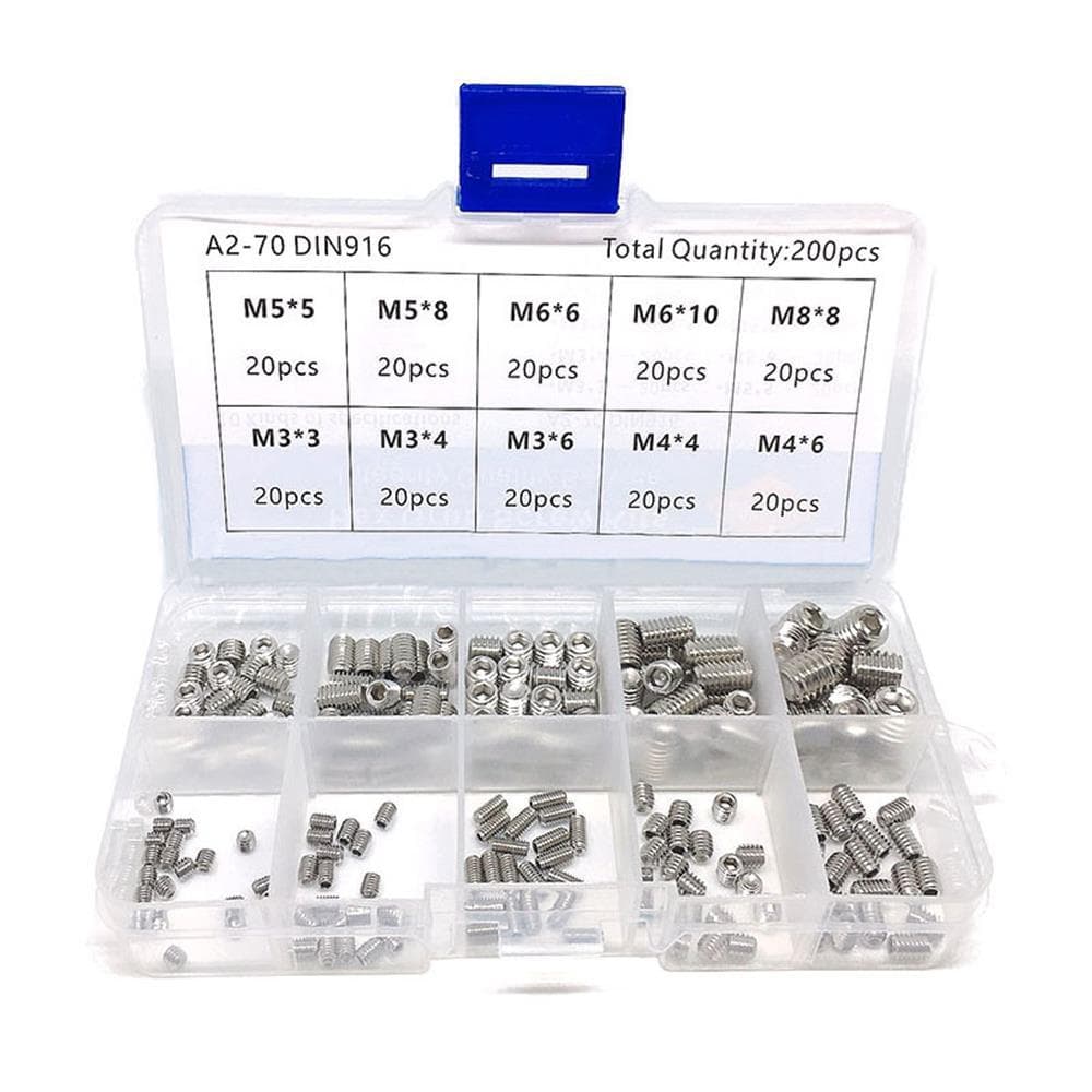 200pcs Hex Grub Screws Kit Set Screws 304 Stainless Steel M3/M4/M5/M6/M8 Grub Screw Assortment silver
