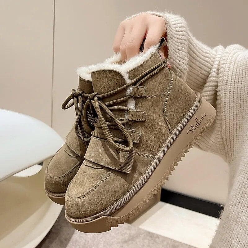 Designer Chelsea Snow Boots Winter Short Plush Fur Warm Ankle Flats Platform Casual Shoes Femme Non-slip Bottines 38 khaki