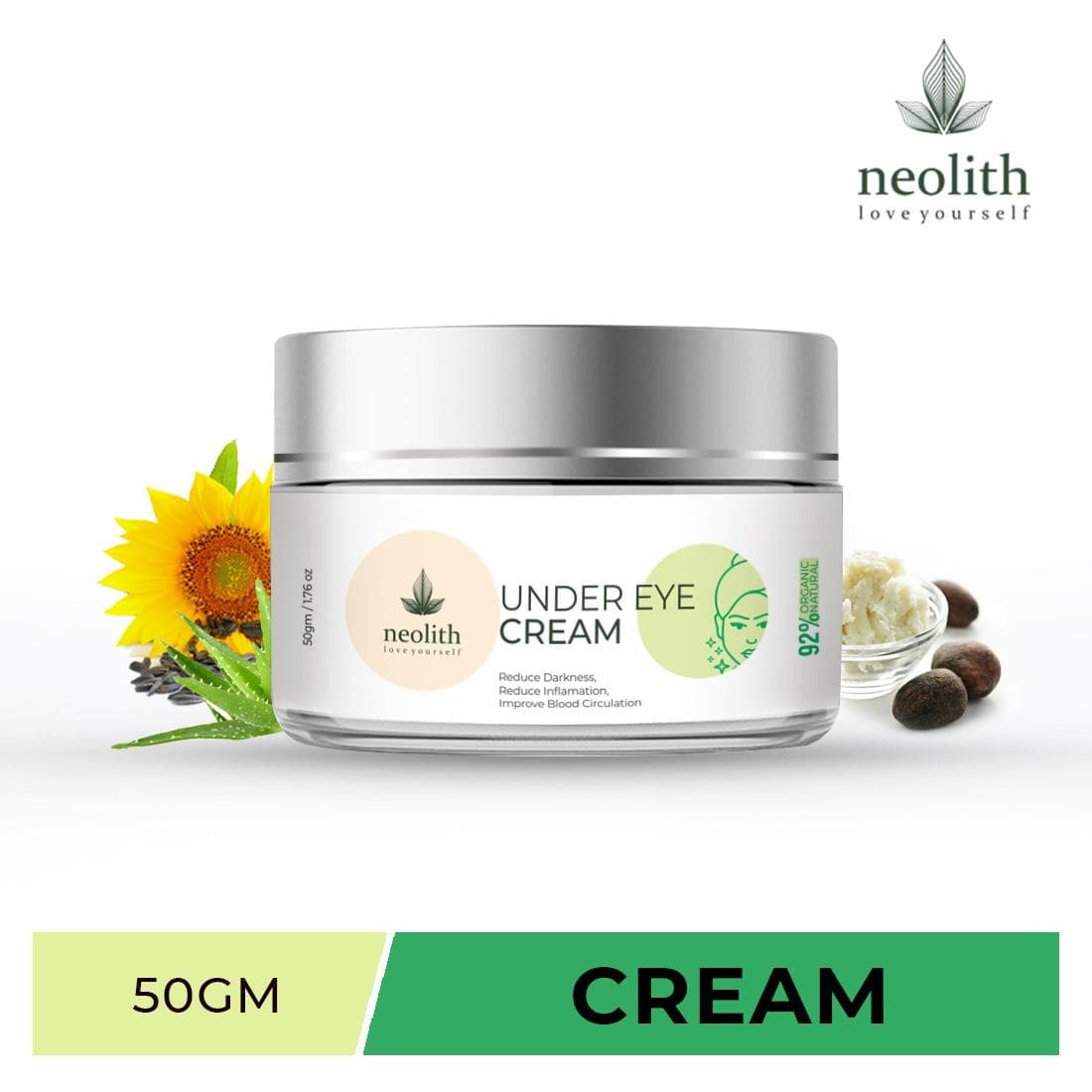 Neolith Under Eye Cream for Dark circles, Wrinkles, Puffiness, Fatigue eyes | Non-toxic, Firming, Moisturizing, Hydrating, Soothing 50 GM white