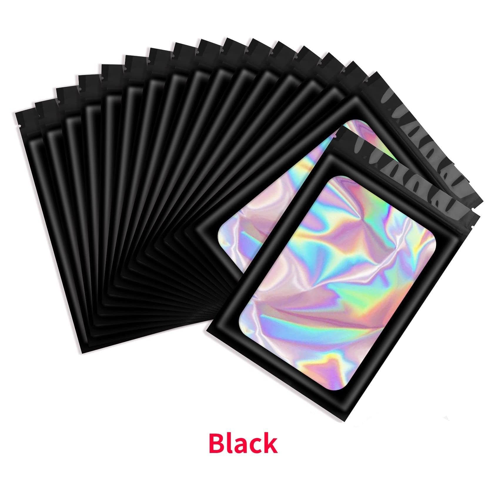 100pcsThick Smell Proof Mylar Bags Holographic Laser Color Plastic Packaging Pouch Jewelry Storage Pouch Gift Zip Lock Bag 7.5*12cm black