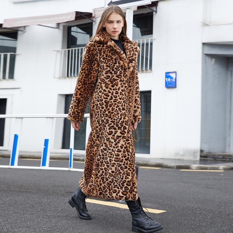 Faux Fur Leopard Print Rabbit Fur Extra Long Suit Collar Fur Coat L