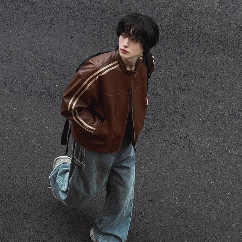 Leather Jacket Men's Autumn Loose Stand-up Collar Top Korean Style Trendy Motorcycle Leather Jacket 2XL brown