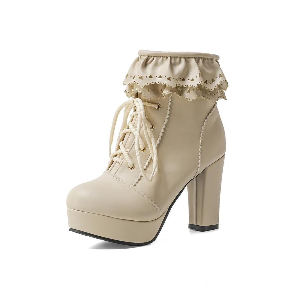Ladies Lace Up Ankle Boots Women Shoes Sweet Lace Lolita Cute Cosplay Platform Botas Ladies High Heels Boot Female Plus Size 43 38 beige