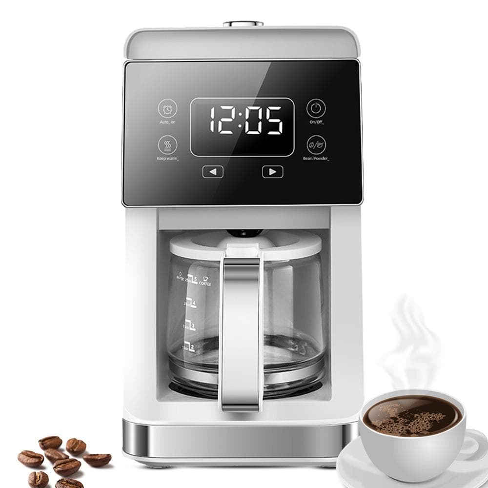Drip Coffee Maker 5-10 Cup American Coffee Machine with Built-in Grinder 780ml Water Tank Keep Warm UK Plug white