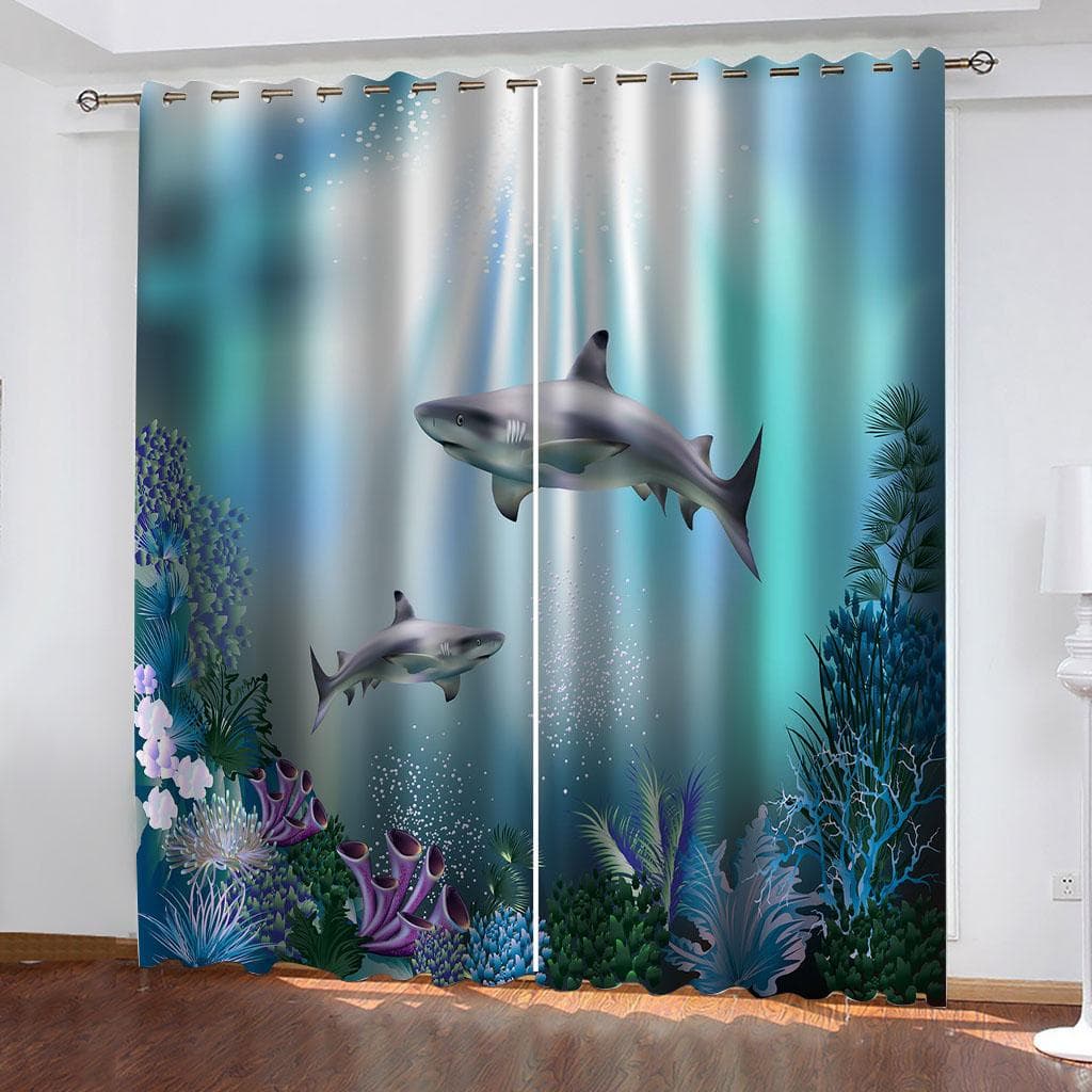 Curtains For Large Windows Of Living Room 3D Underwater Sea Animals 2 Pc High Blackout Perforated Curtains For House Rooms W140xH260cmx2&Rod Pocket