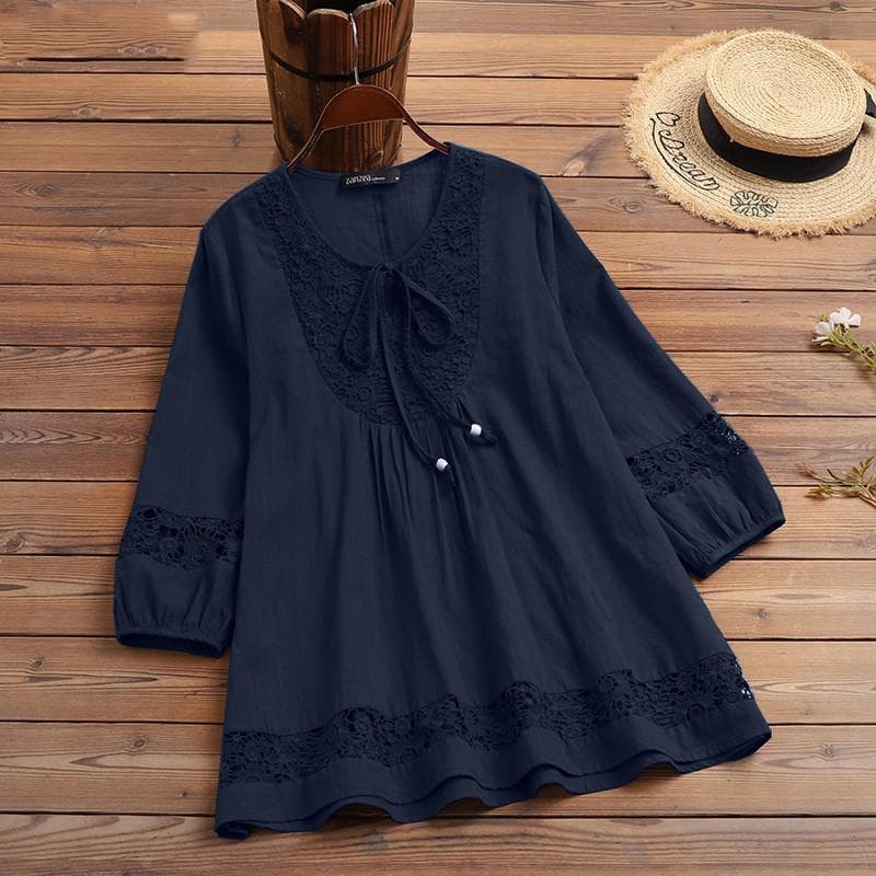 Cotton and Linen Splicing Lace Loose Top T-shirt S Dark blue