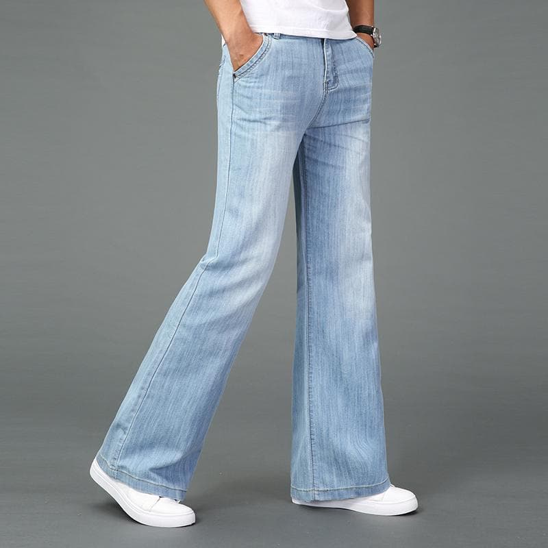 Men's Mid Waist Flared Jeans Boot Cut Leg Flared Loose Fit High Waist Male Designer Classic Denim Jeans 28 light blue