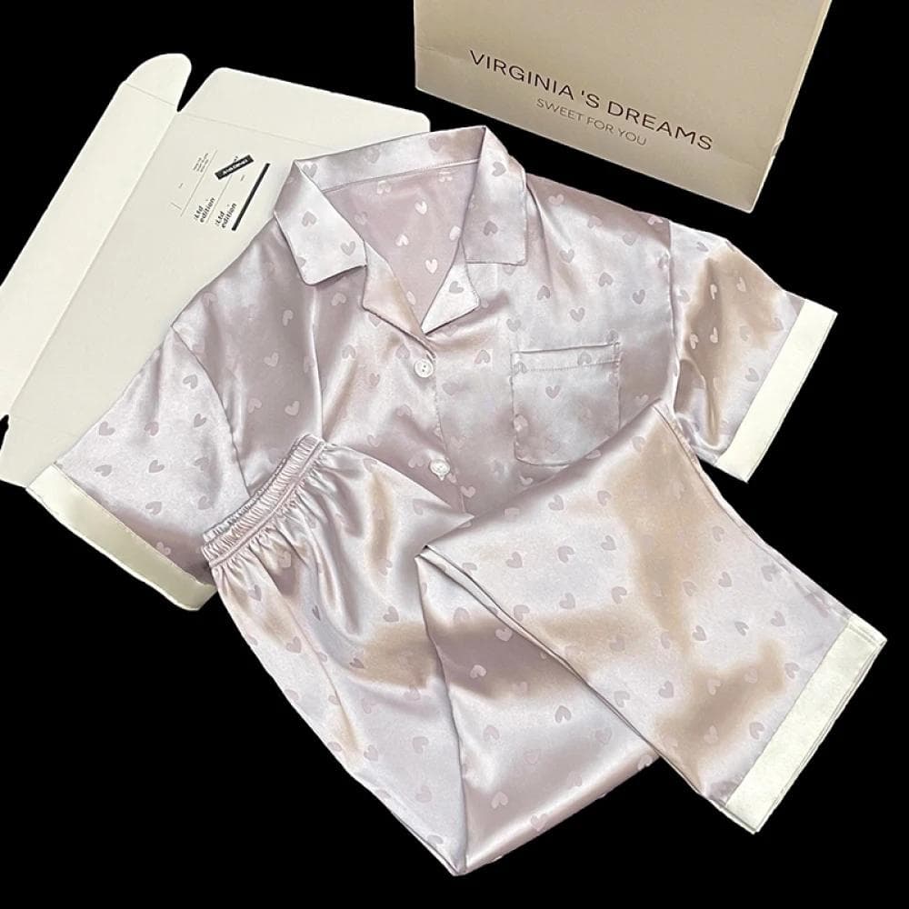 Classic Heart Jacquard Women's House Pajama Sets Short Sleeve Long Pant Simulated Silk Homewear New Spring/summer Sleepwear M