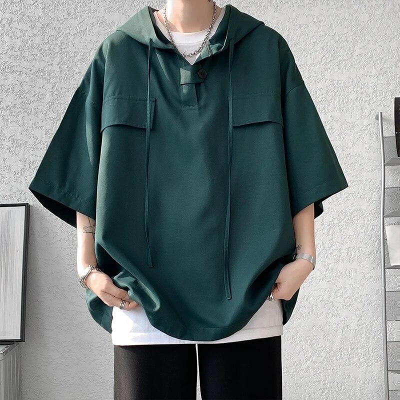 5 Colors Summer Hooded T shirt Men Korean Half Sleeve Pullover Streetwear Loose T-shirt Tops Drawstring Men Clothing 5XL-M 4XL green