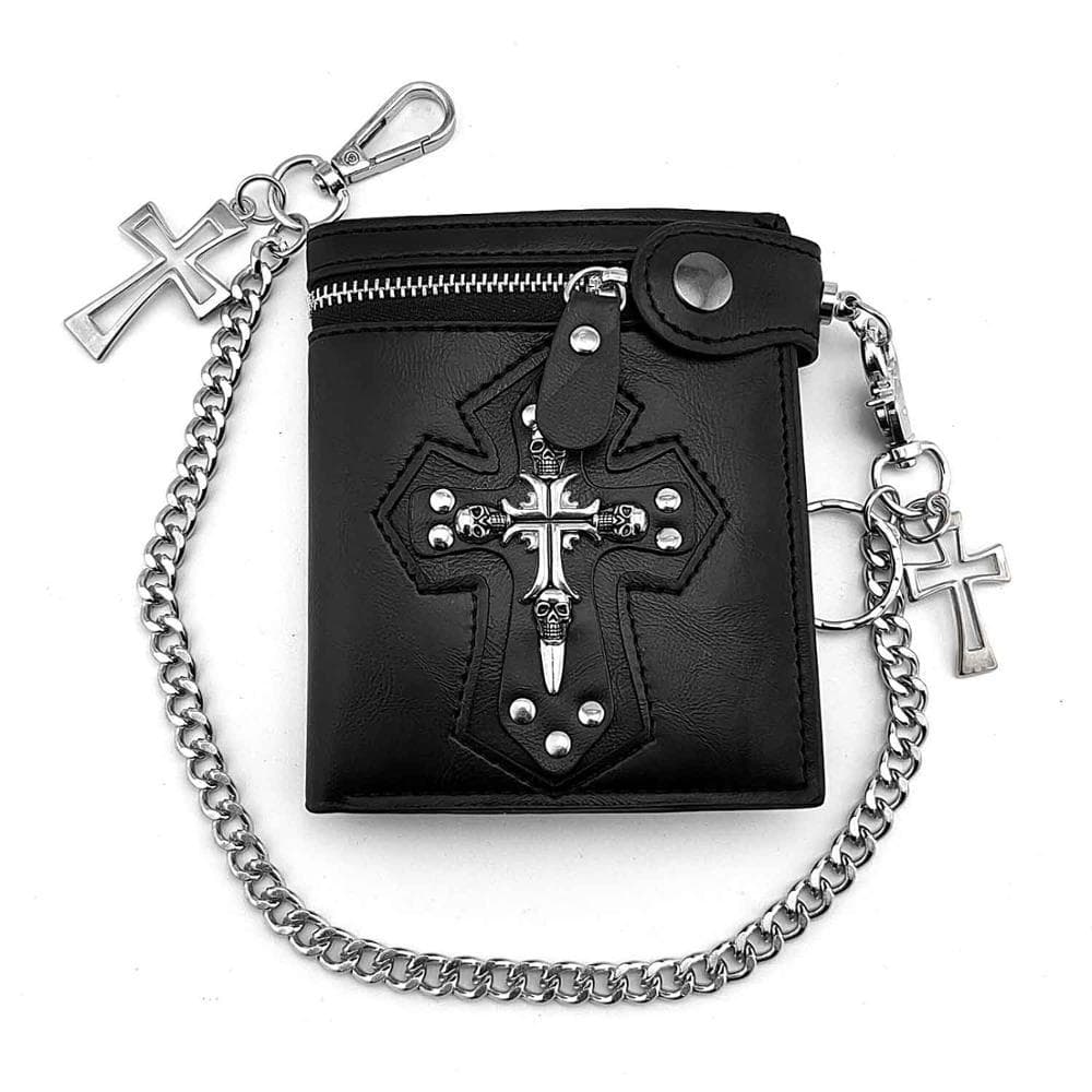 Mens Gothic Cross Clasp Leather Wallet With Antique Biker Chain Black