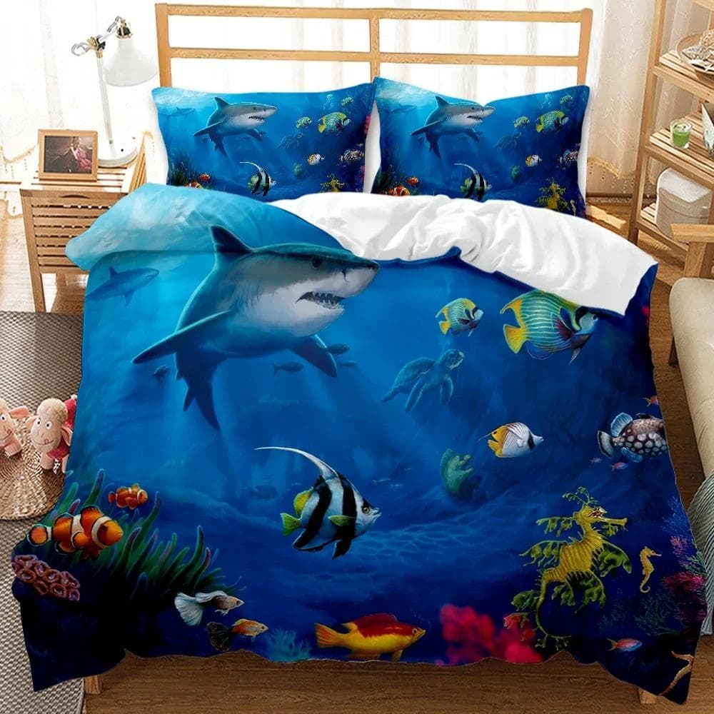 Shark Bedding Set King Size for Girl Boys Tropical Marine Life Ocean Fish Sea Turtle Rainbow Color Coral Polyester Duvet Cover EU Double 200x200cm