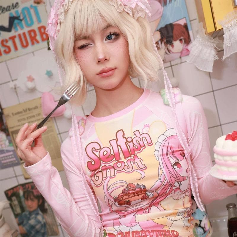 Y2k Harajuku Streetwear T-Shirts Women Japanese Fashion Patchwork Kawaii Sweet Cartoon Print Slim Tees Tops Soft Gril XL pink