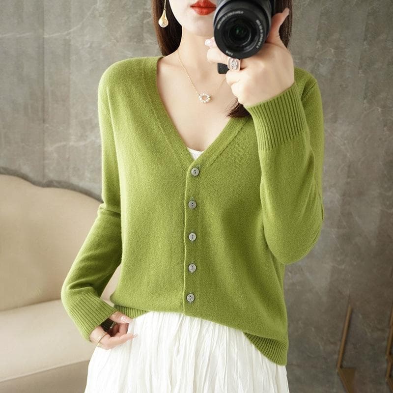 Spring and Autumn Women's Cardigan Jacket V-neck Knitted Cardigan Short Loose Peplum Sweater Thread Sweater M army green